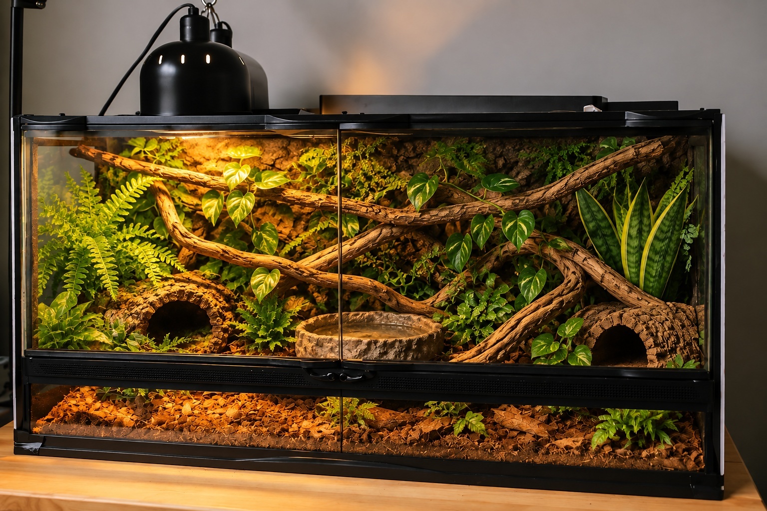 Glass reptile terrarium on a wooden stand with a heat lamp mounted above, containing live plants, a wooden branch, and a corn snake resting on wood-chip substrate