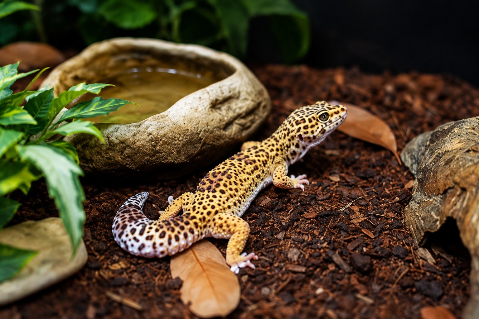 Leopard gecko resting on dark substrate near a water dish and leaves.