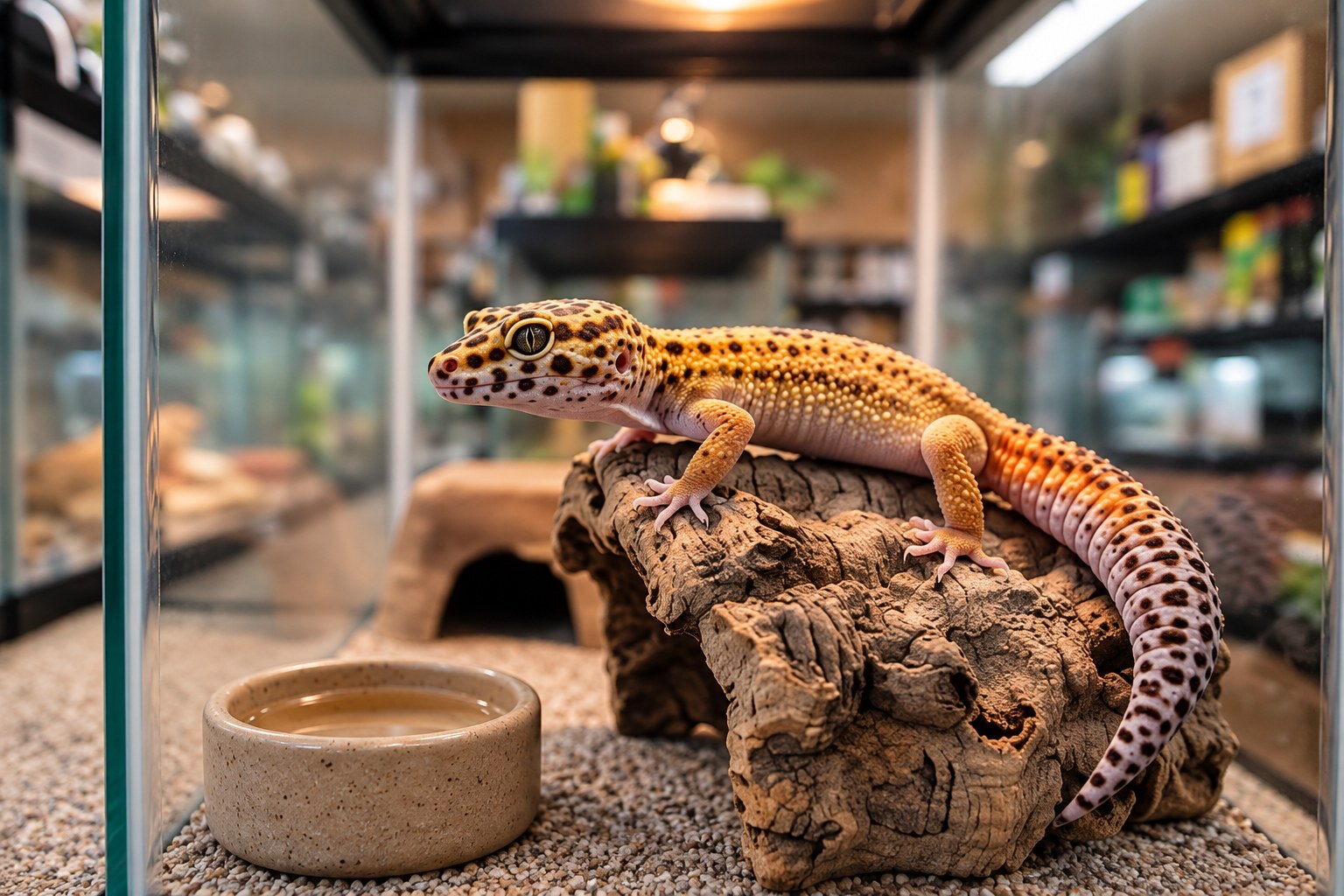 Leopard gecko perched on a log inside a glass terrarium.